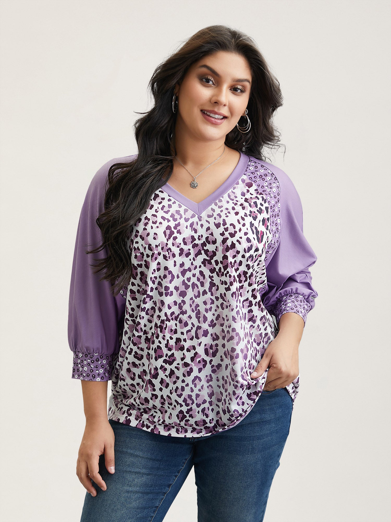 Leopard Print Contrast Raglan Sleeve T-Shirt