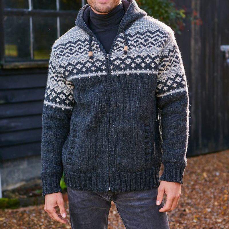 Mens Vintage Fair Isle Knitted Hooded Cardigan