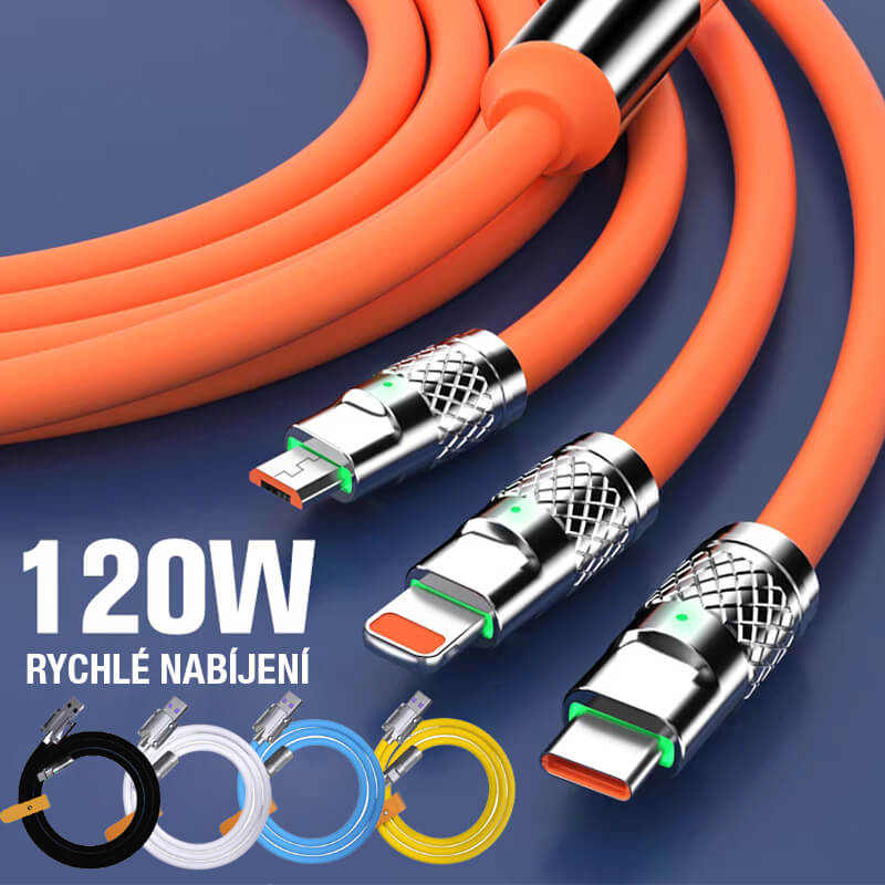 Kabel szybkiego ładowania 120 W 3 w 1 ze wzmocnionym rdzeniem ze stopu miedzi