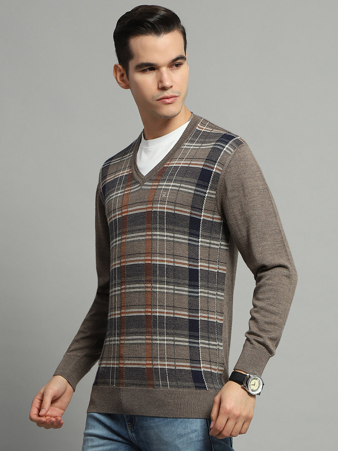 Men Grey Check V Neck Full Sleeve Pullover