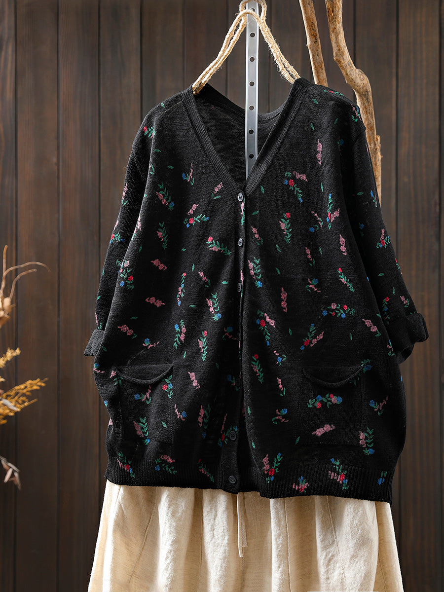 Women Summer Artsy Floral Knitted V-Neck Cotton Shirt