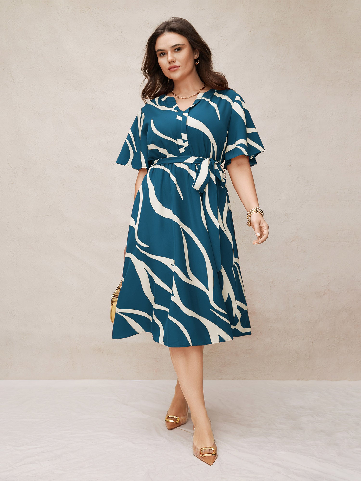 Geometric Surplice Neck Tie Knot Midi Dress