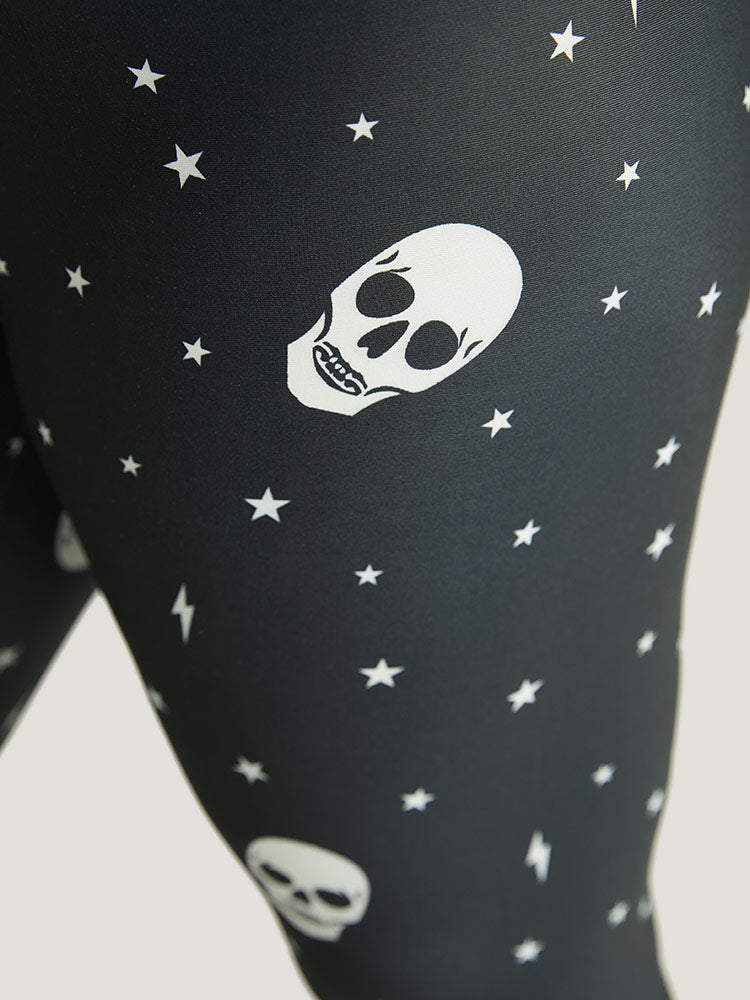 Halloween Skull & Star Print Elastic Waist Leggings
