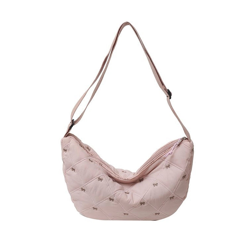Women's Canvas Lingge Bow Knot Classic Style Dumpling Shape Zipper Shoulder Bag Crossbody Bag