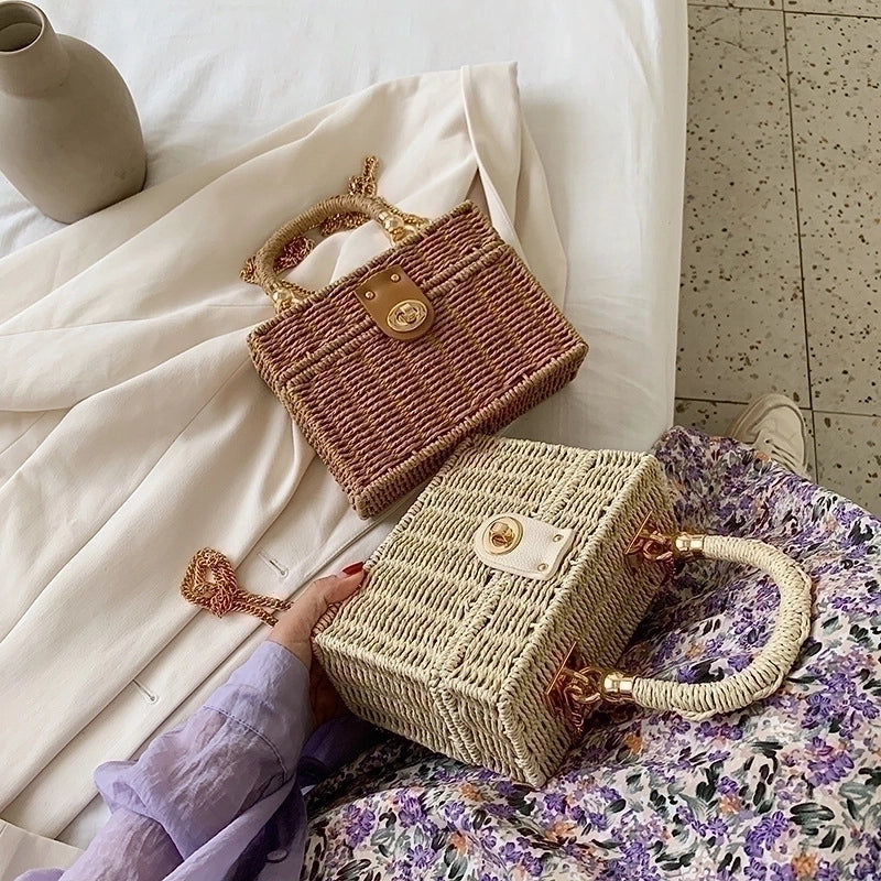 Medium Straw Solid Color Square Buckle Straw Bag
