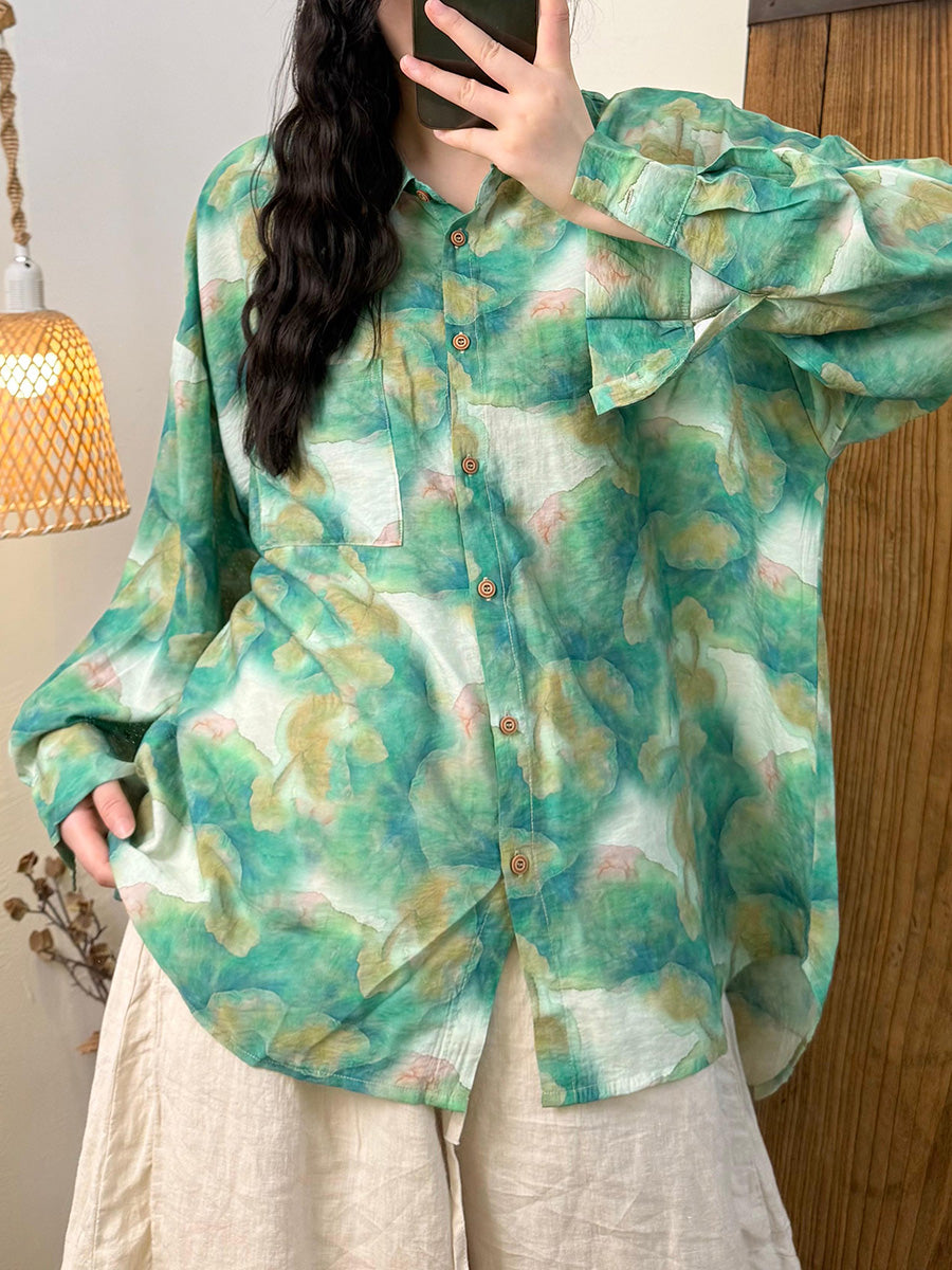 Women Summer Retro Flower Turn-down Collar Linen Shirt
