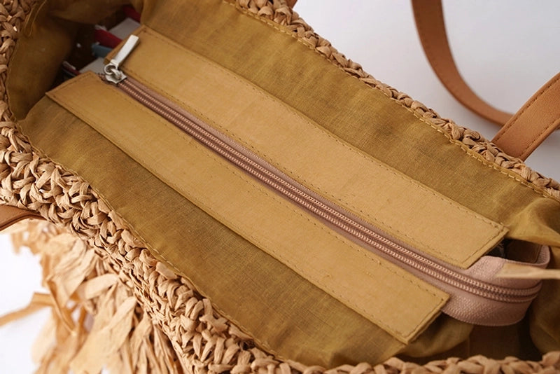 Women's Large Straw Solid Color Vacation Beach Weave Semicircle Zipper Straw Bag
