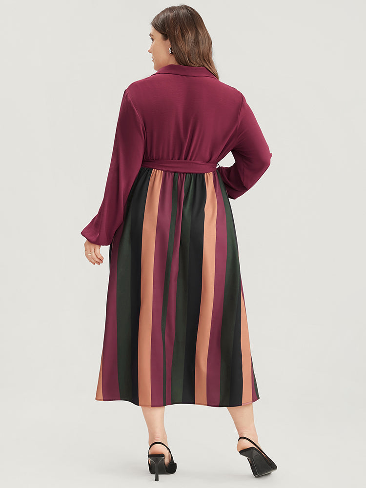 Solid Patchwork Wrap Pocket Lantern Sleeve Belted Striped Dress