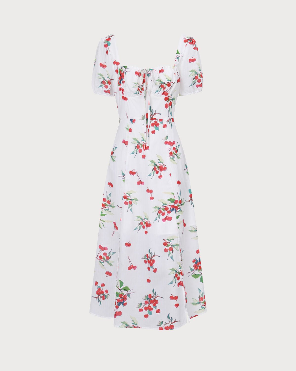 The White Puff Sleeve Cherry Split Midi Dress