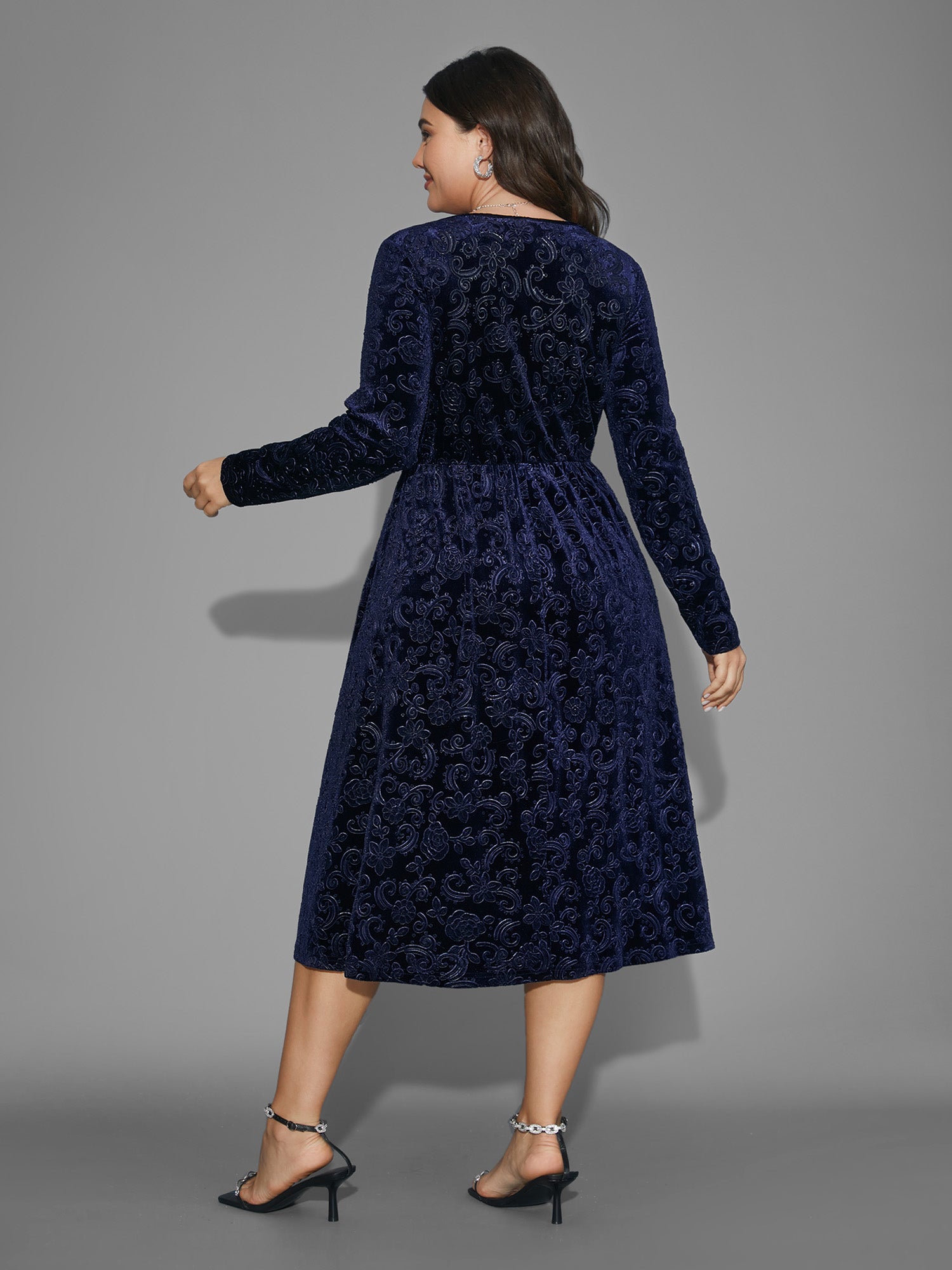 Square Neck Floral Velvet Midi Dress