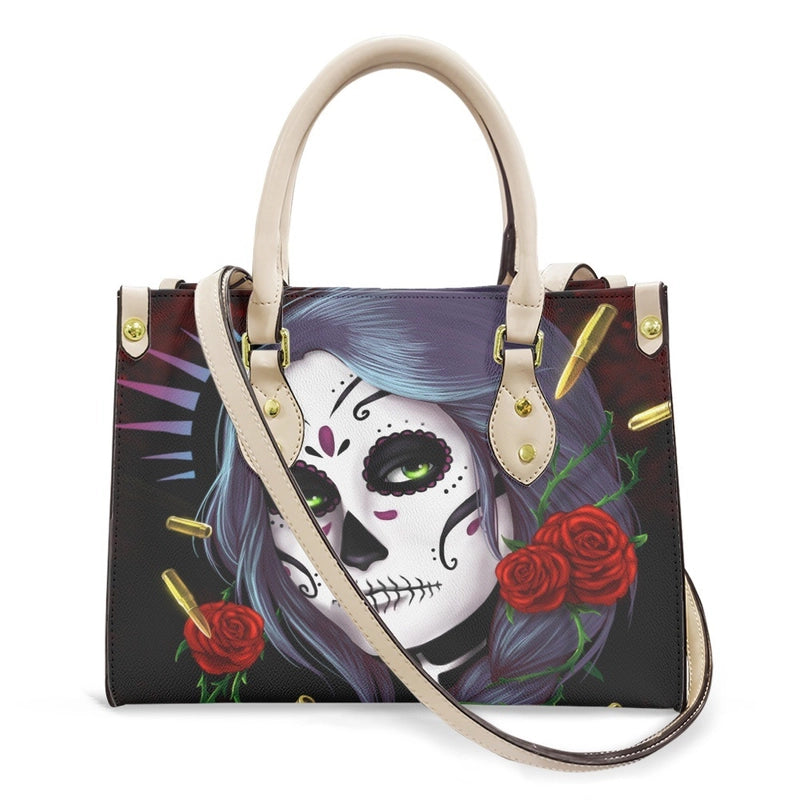 Halloween Women's Medium Pu Leather Human Floral Streetwear Square Hook Loop Customized Tote Bag
