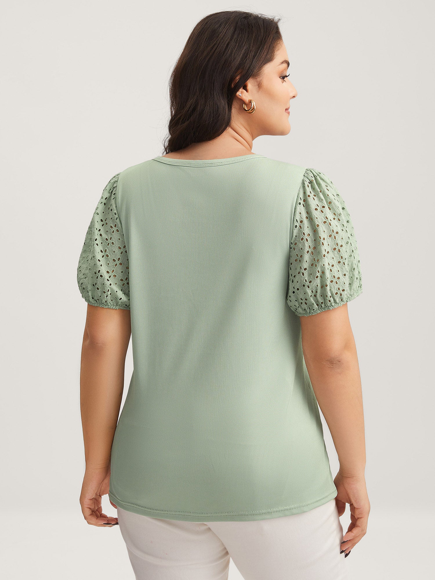 Eyelet Trim Solid Puffy Sleeve Knit Top