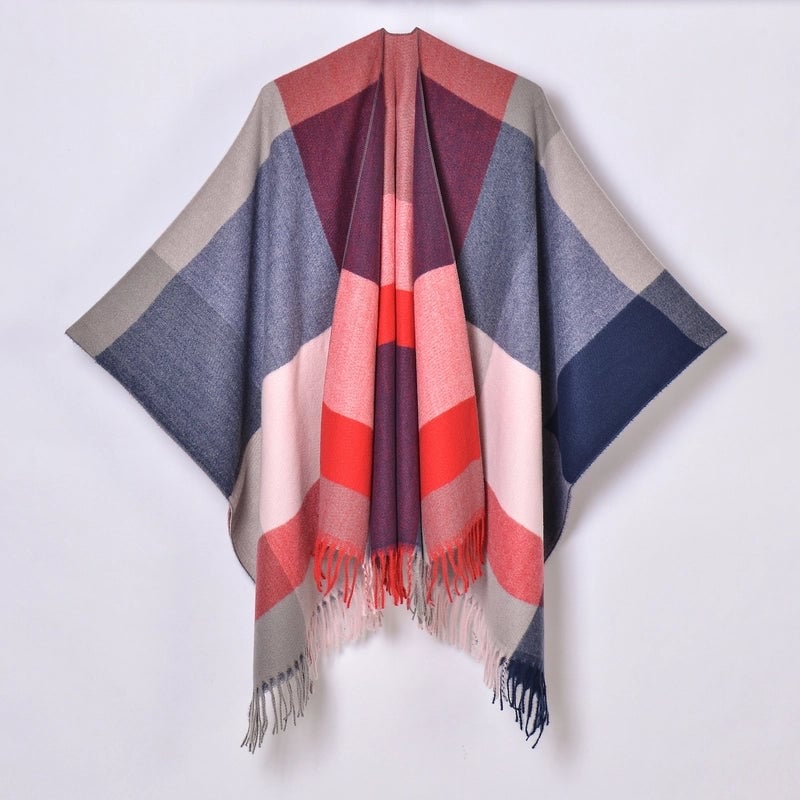 New Tassel Split Shawl Autumn And Winter Women's Simple Plaid Jacquard Scarf Cloak Hot Selling