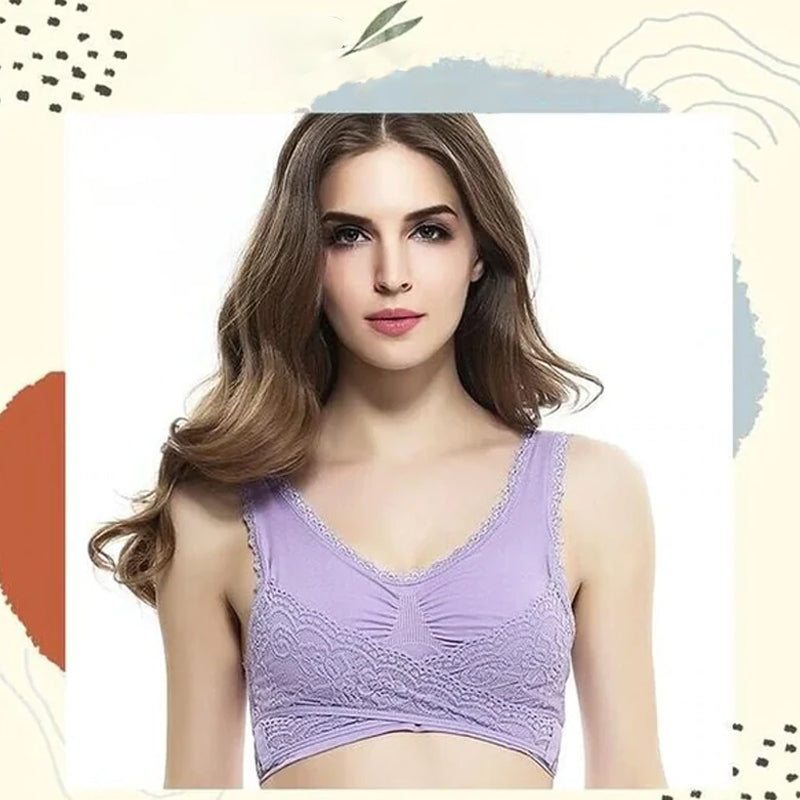 Wireless Front Cross Buckle Lace Lift Bra