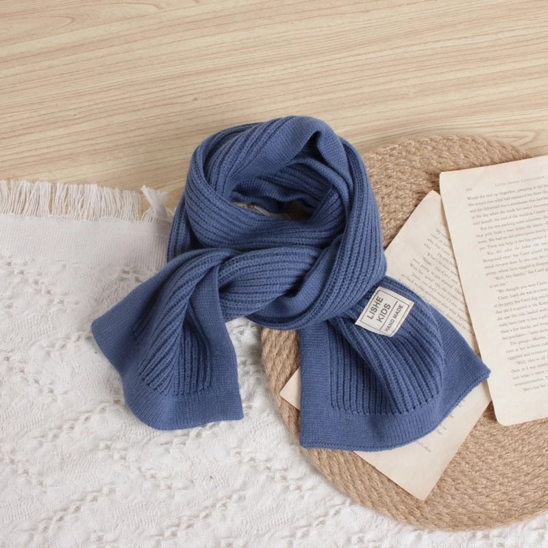 Style Solid Color Vertical Strip Large Label Children's Knitted Scarf Winter New Baby Warm Wool Scarf