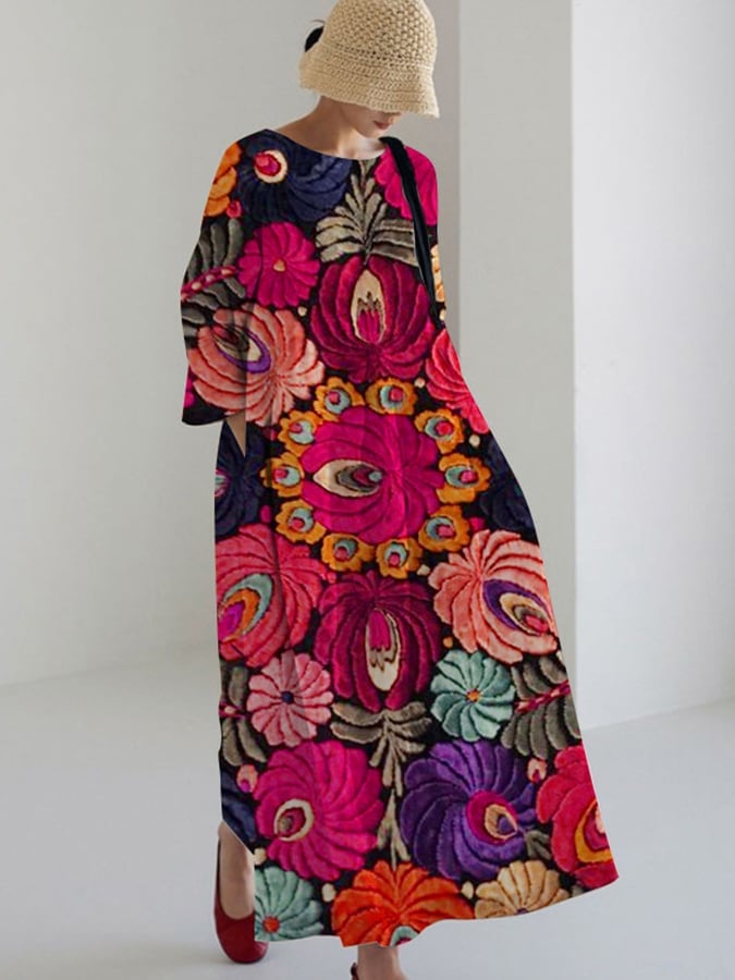 Women's Vintage Embroidered Floral Print Casual Loose Dress