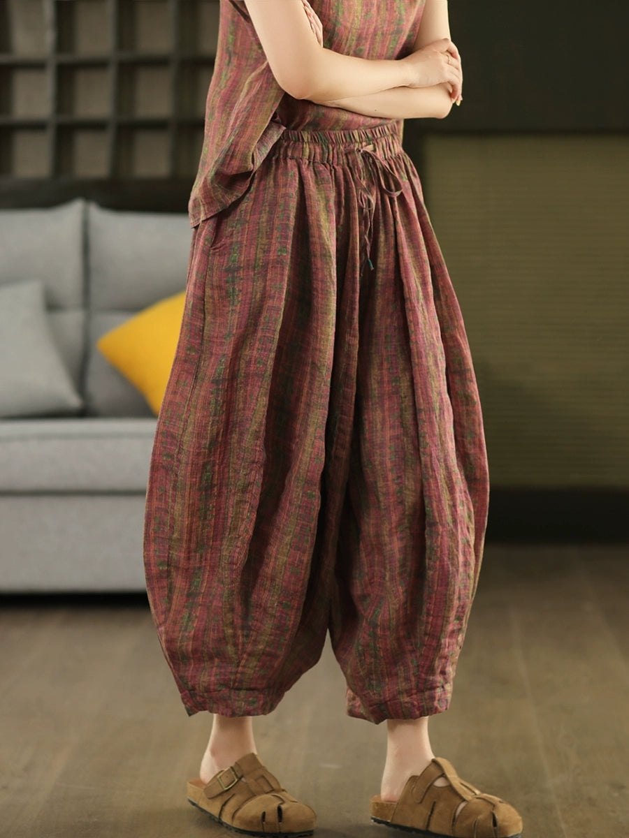 Women Summer Retro Print 100%Ramie Bloomers