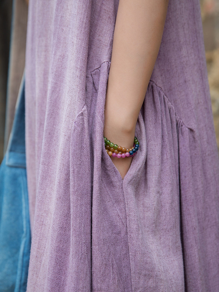 Women Summer Artsy Pure Color O-Neck Linen Dress