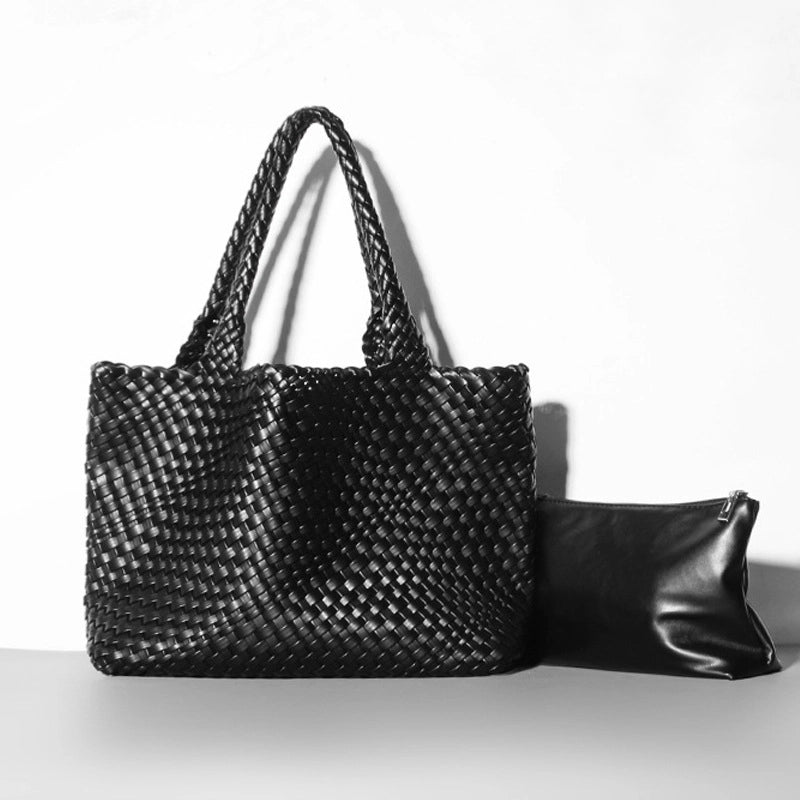 Women's Large Pu Leather Solid Color Classic Style Streetwear Weave Bucket Magnetic Buckle Bag Sets