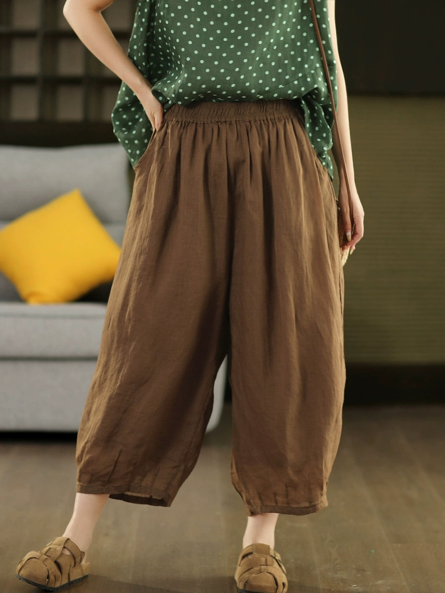 Women Summer Retro Pure Color 100%Ramie Bloomers