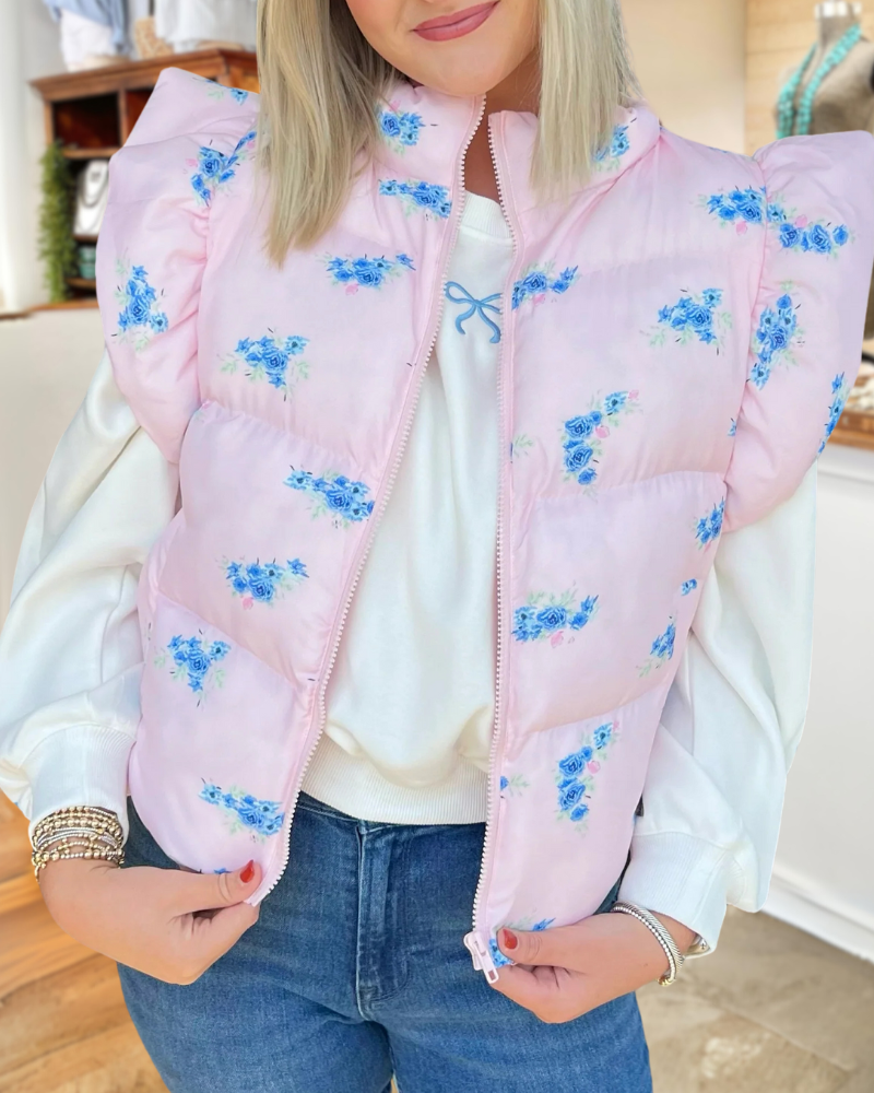 Ruffled Floral Zip-Up Vest