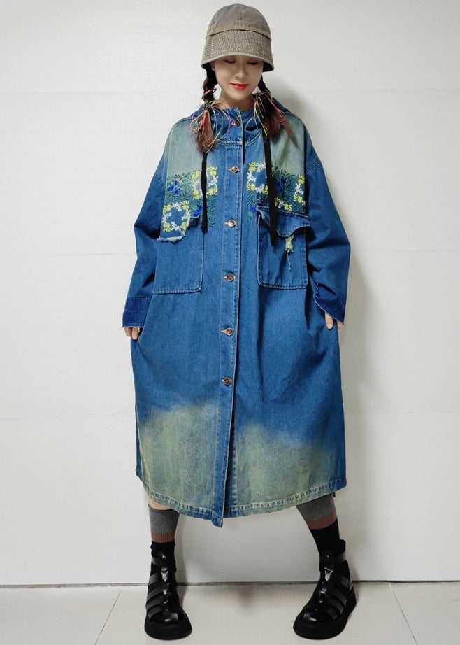 Blue Button Pockets Denim Trench Coat Embroidered Long Sleeve