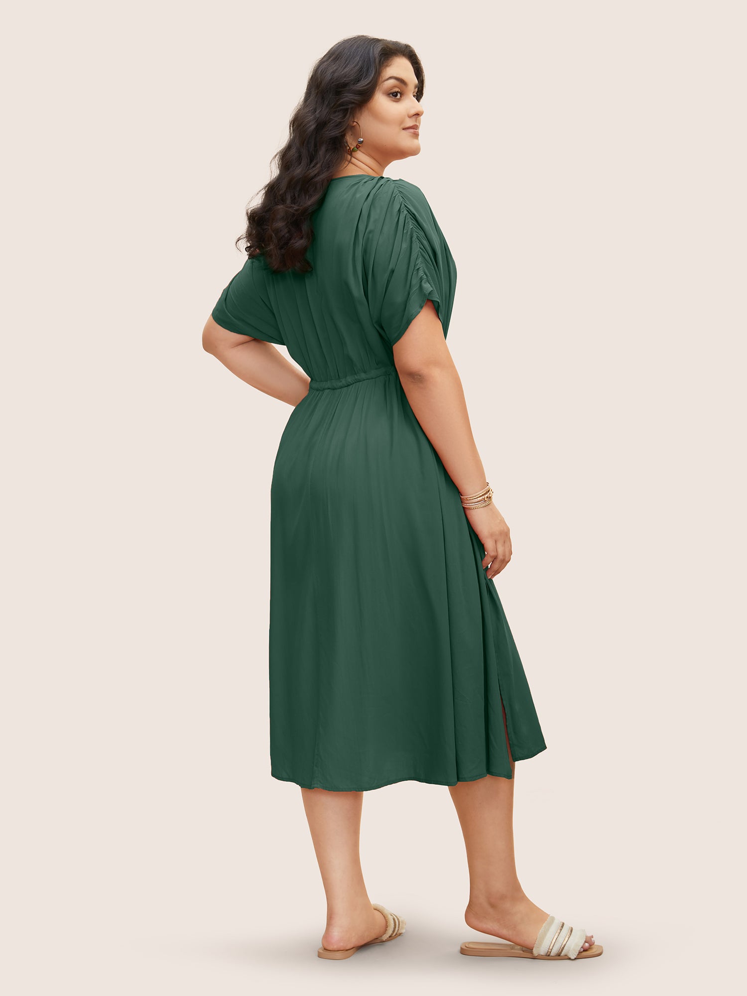 Solid Drawstring Gathered Dolman Sleeve Dress