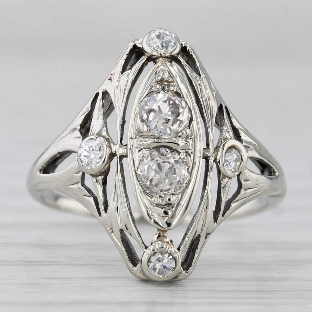Art Deco 0.42ctw Diamond Ring 12k-14k White Gold Old Mine Cut Size 5.75 Vintage