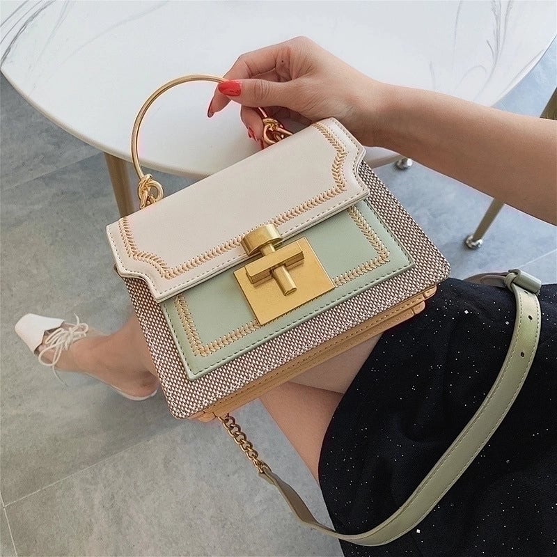 Women's Small Pu Leather Color Block Fashion Square Lock Clasp Handbag