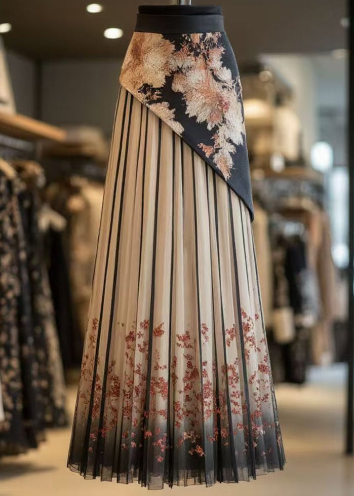 Retro Black Print Wrinkled Patchwork Chiffon Skirts Summer