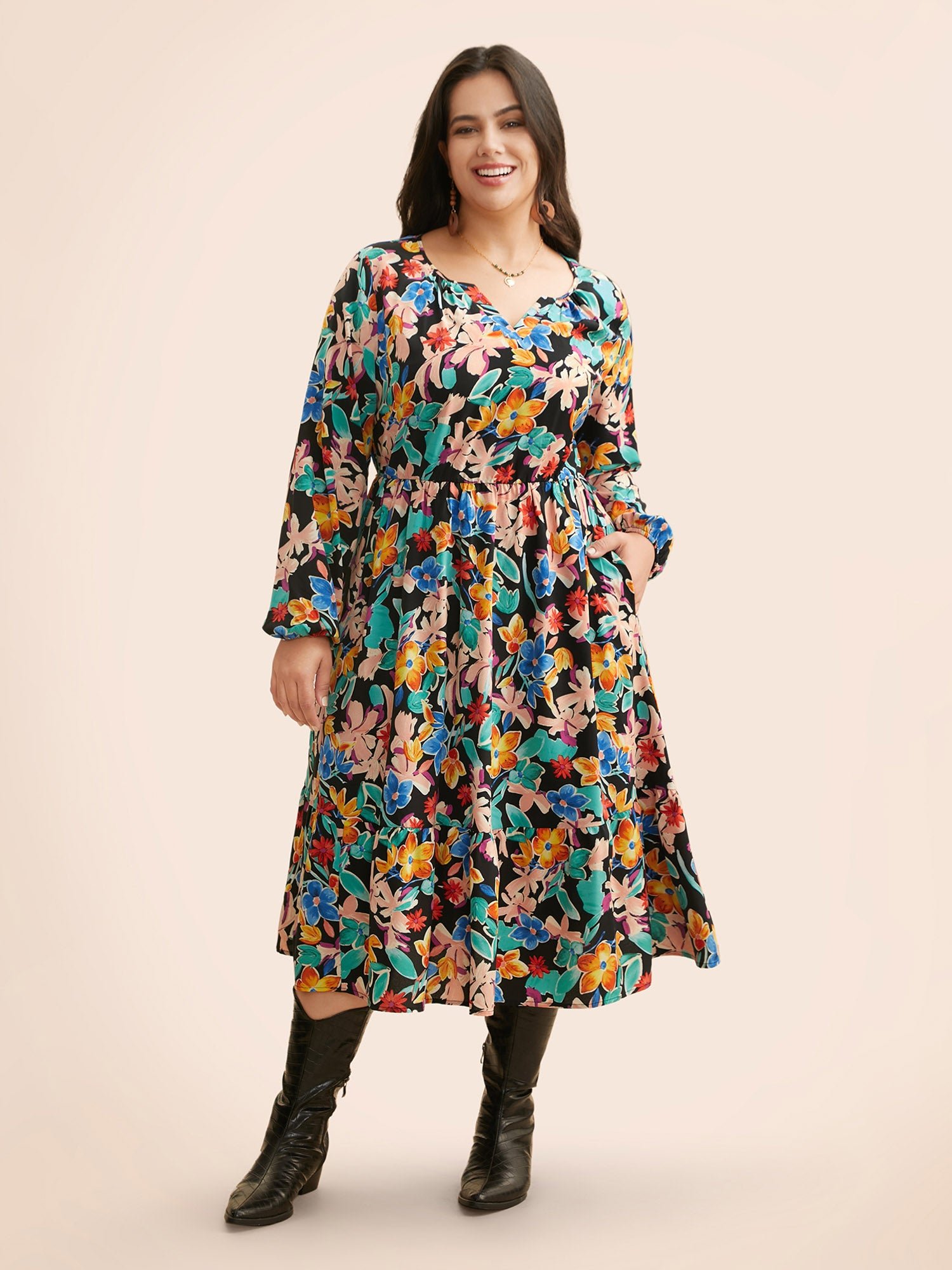 Colored Floral Notched Elastic Waist Midi Dress