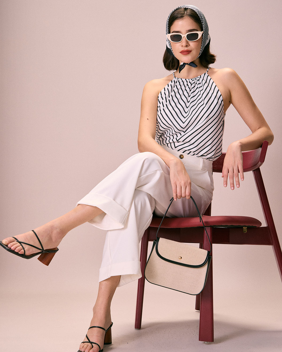 The Black Ruched Striped Halter Top