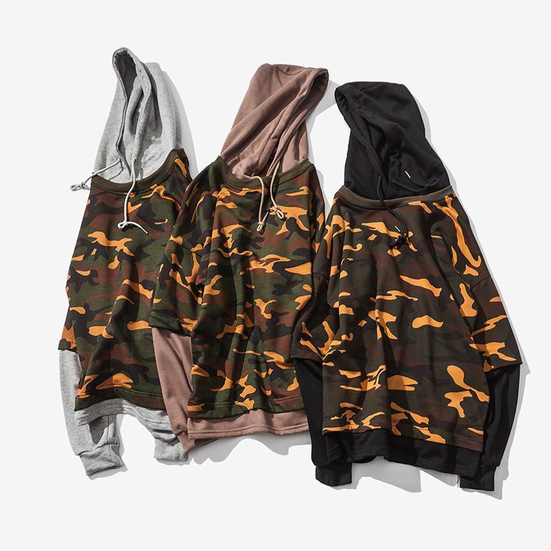 Camouflage Drop Shoulder 2 Layered Hooded Shirt