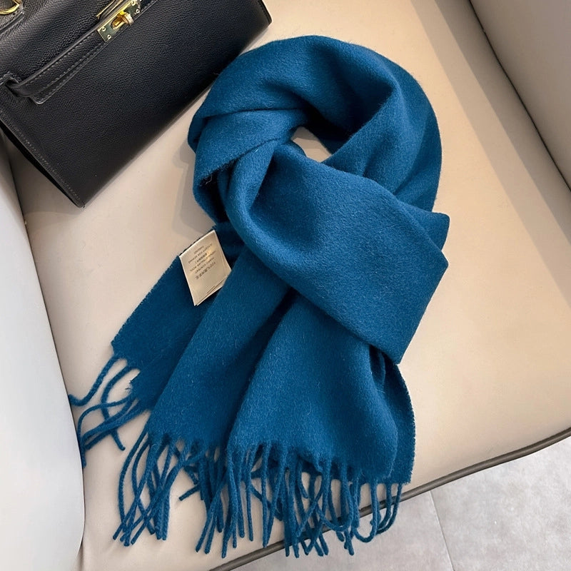 White Pure Wool Scarf Female Winter Student Warm Scarf New Versatile Tassel Narrow Scarf Couple