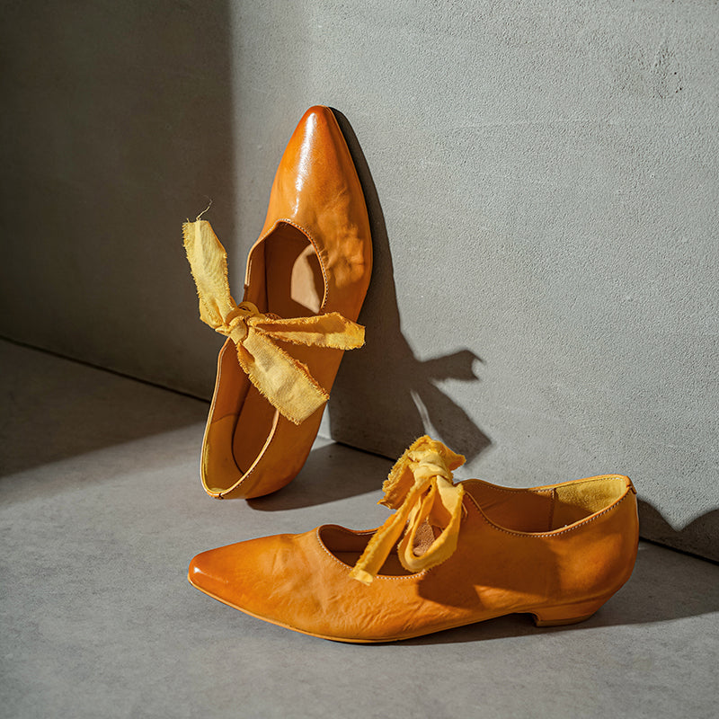 Horse Leather Retro Pointed Toe Ballet Flats Mary Jane Shoes with Bow-Tie Design Black/Blue/Yellow