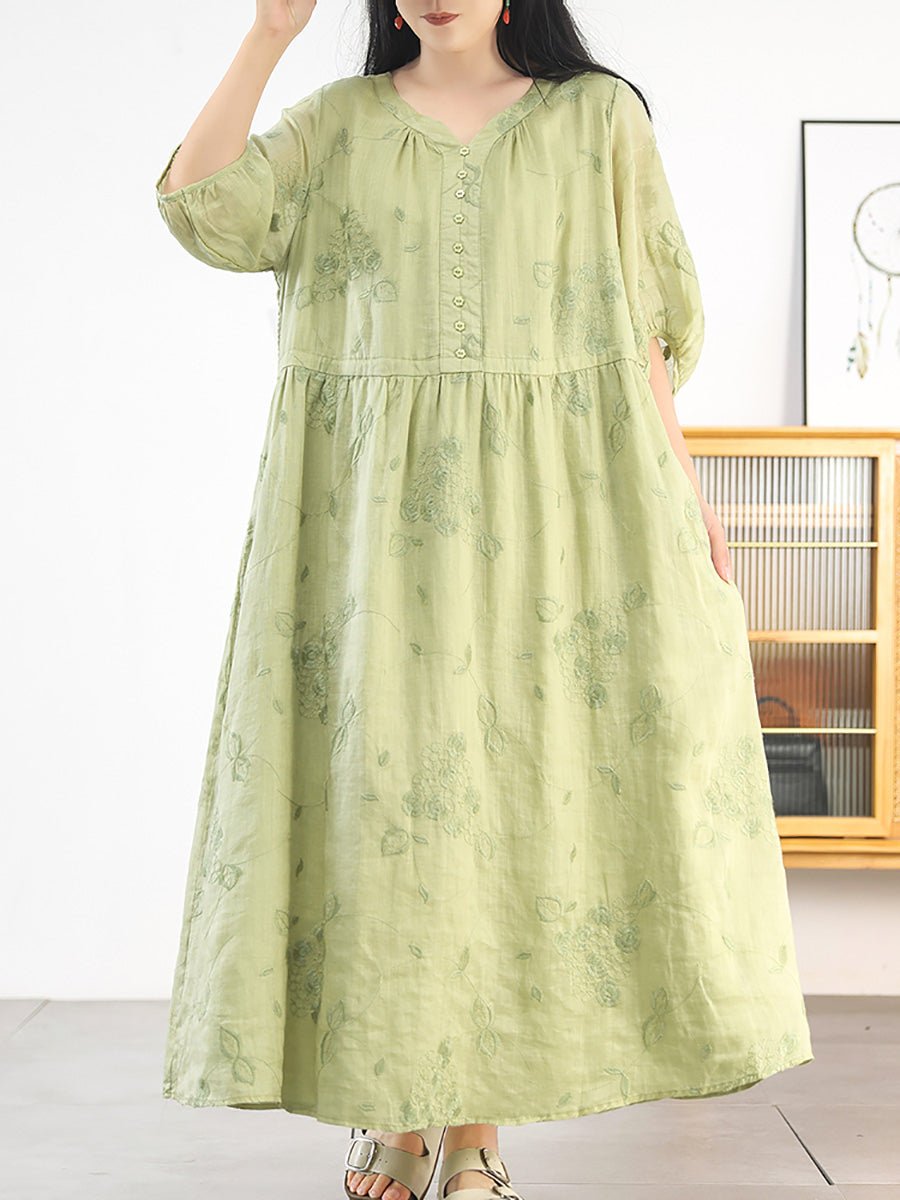Women Summer Artsy Embroidery V-Neck 100%Ramie Dress