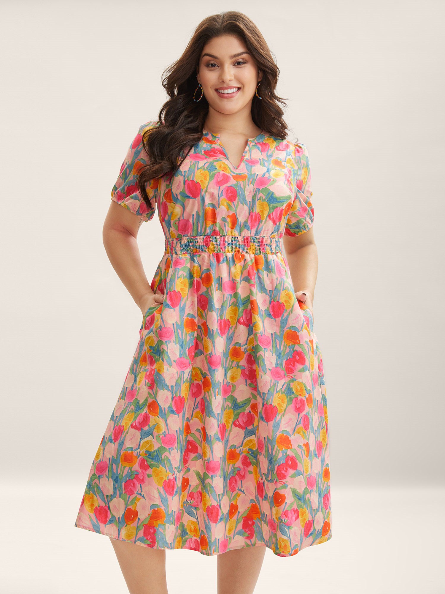 Cotton Rosy Garden Shirred Waist Pockets Midi Dress