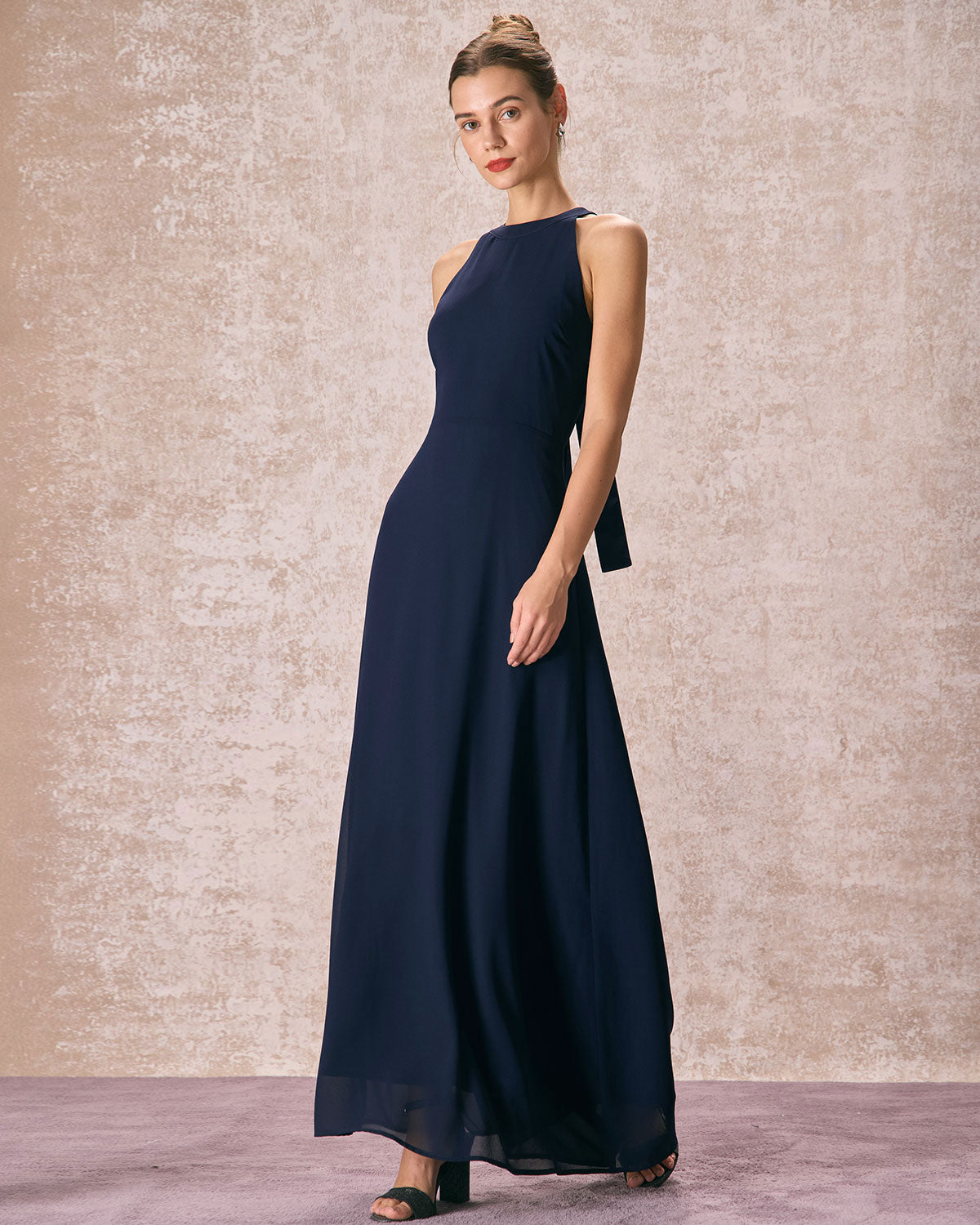 The Navy Halter Bowknot Back Maxi Dress