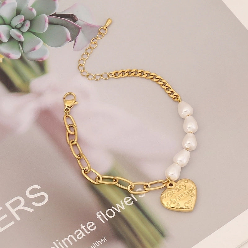 Sweet Star Moon Heart Shape Stainless Steel Inlay Artificial Pearls Bracelets 1 Piece
