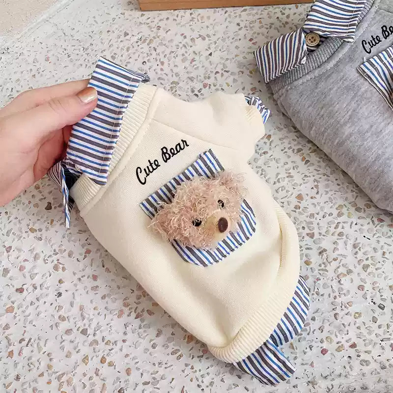 Casual Bear Decor Striped Shirt Dog Hoodie