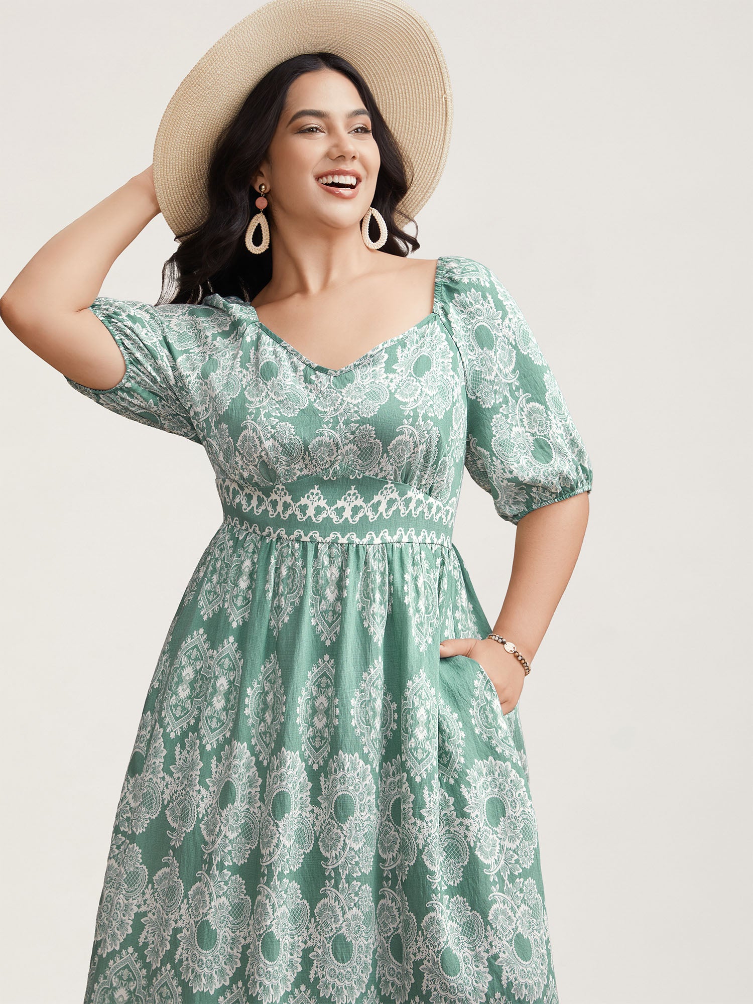 Boho Print Waist Defining Midi Dress