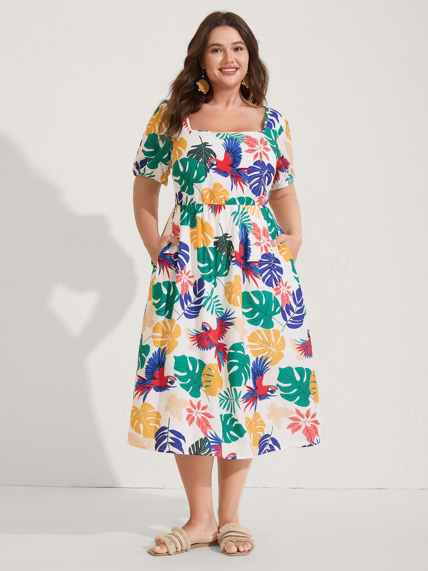 Rayon Groovy Tropical Print Midi Dress