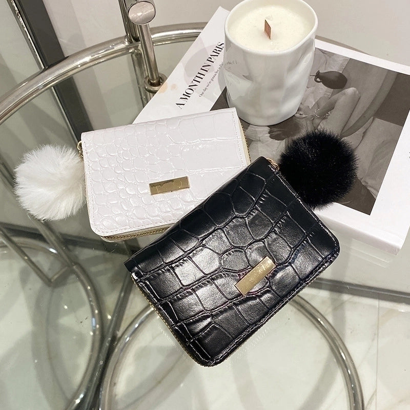 Women's Crocodile Pu Leather Fluff Ball Zipper Wallets