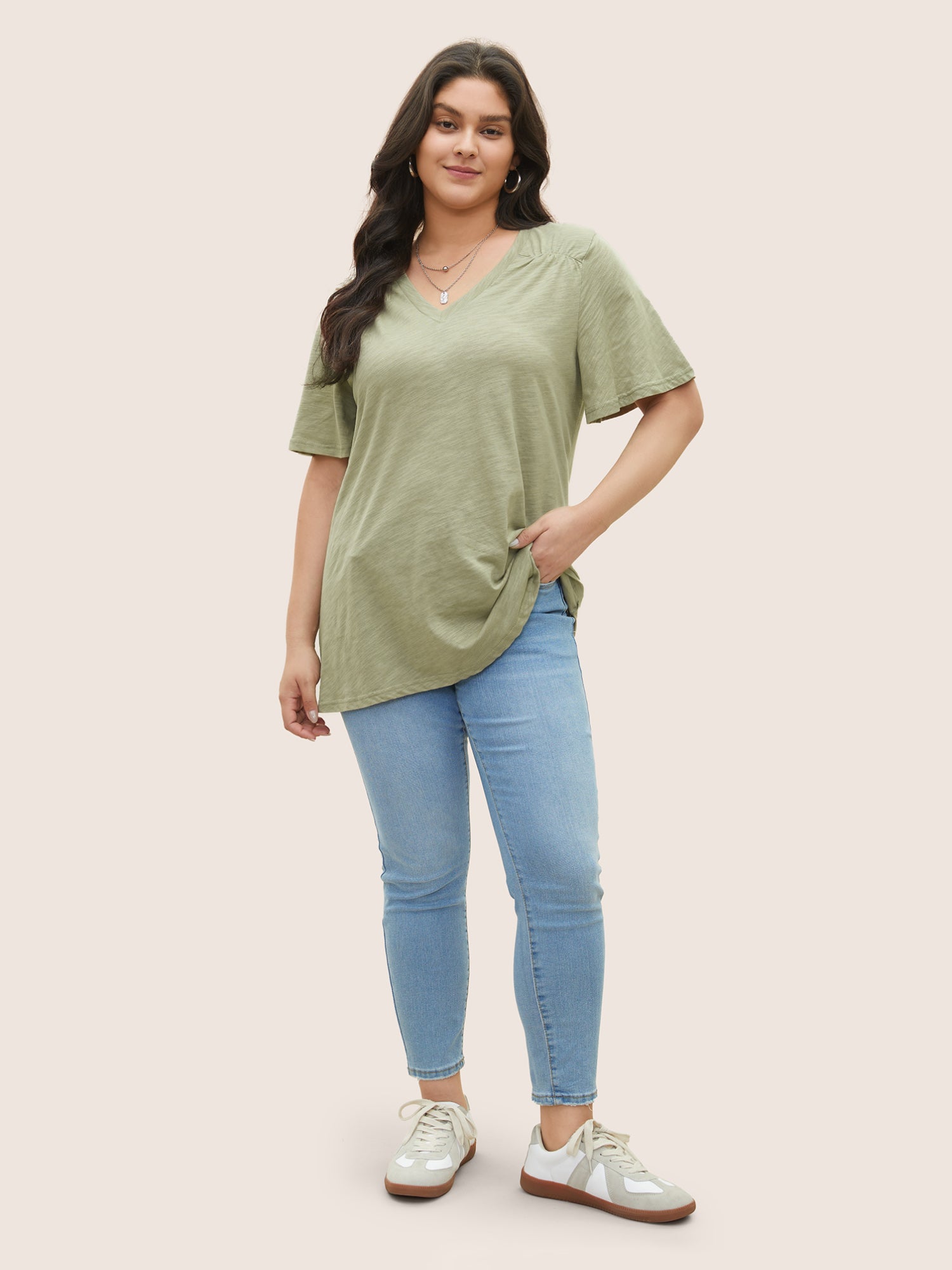 Plain Ruffle Sleeve Heather V Neck T-shirt