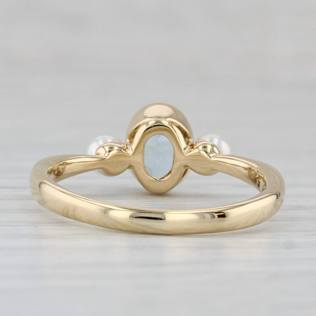 0.76ct Oval Aquamarine Cultured Pearl Ring 18k Yellow Gold Size 9