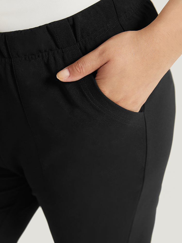 Solid Pocket Flare Leg Elastic Waist Pants