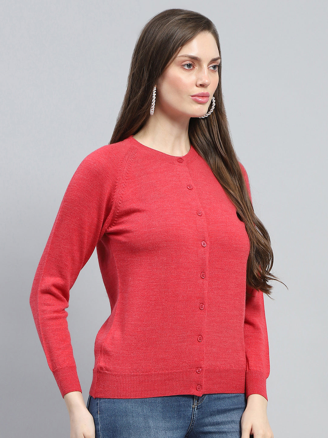 Women Red Solid Round Neck Full Sleeve Cardigan