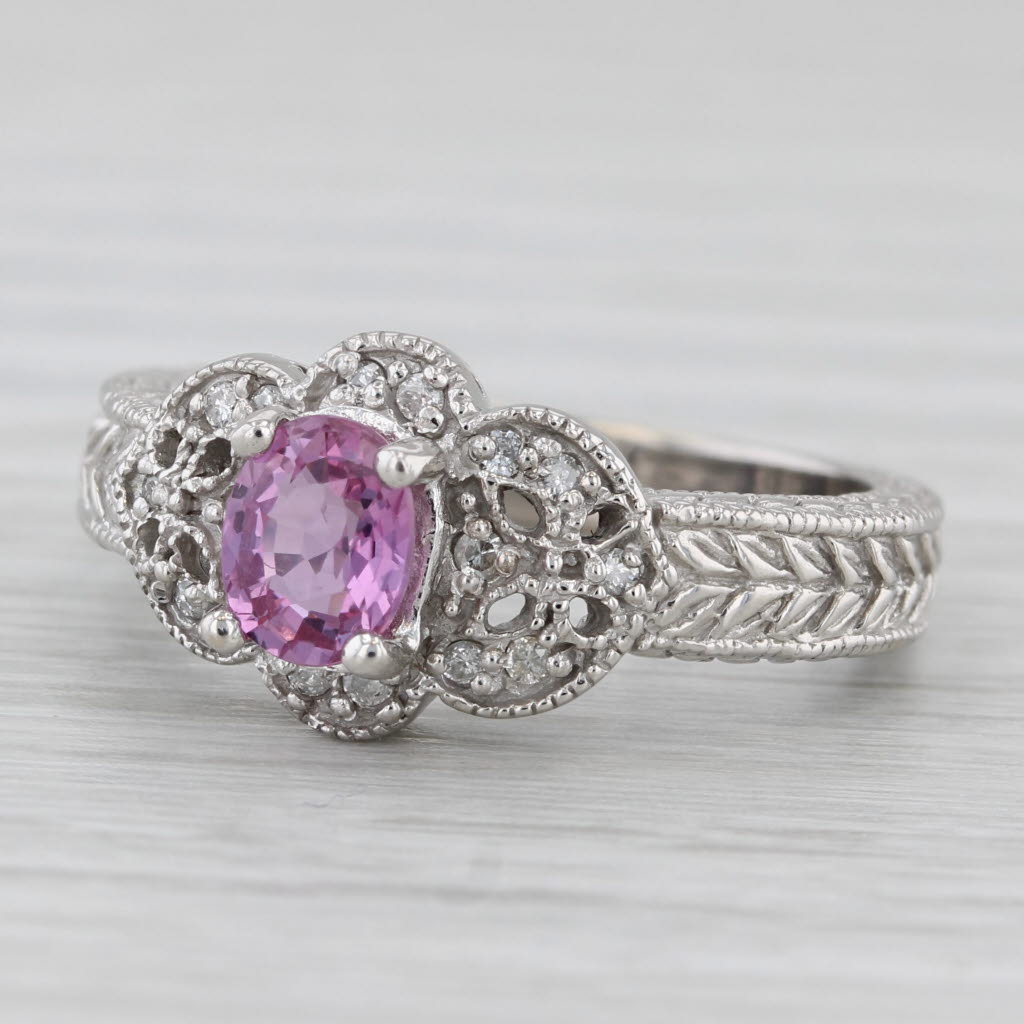 0.76ct Pink Sapphire Diamond Ring 10k White Gold Size 7 Wheat Etched Band