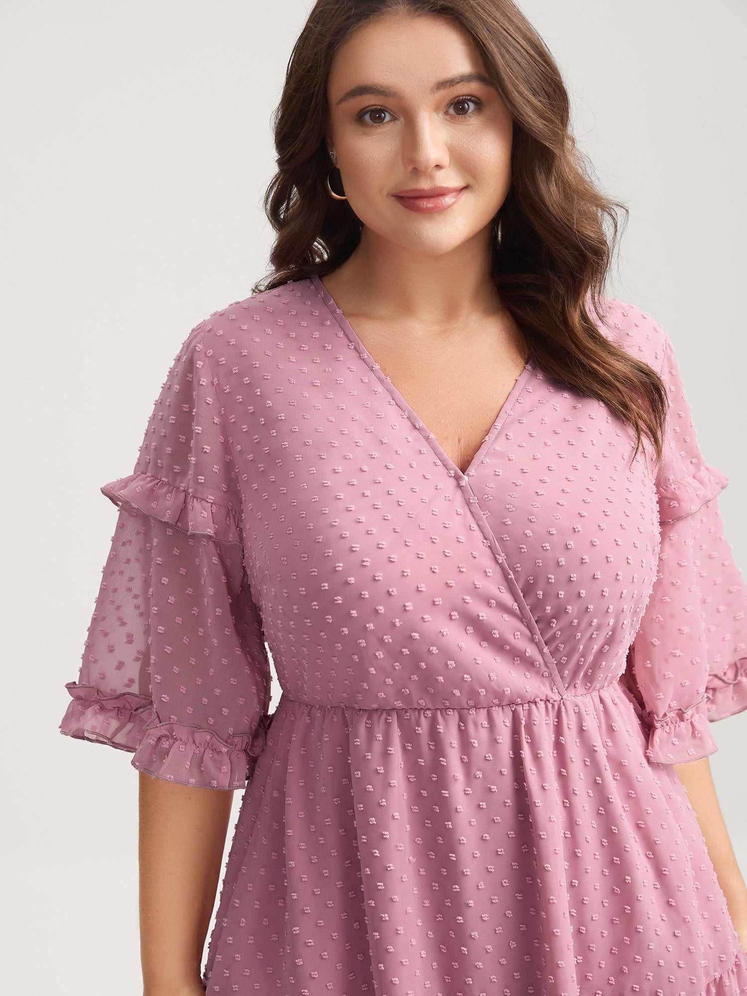 Textured Ruffled Trim Surplice Midi Dress