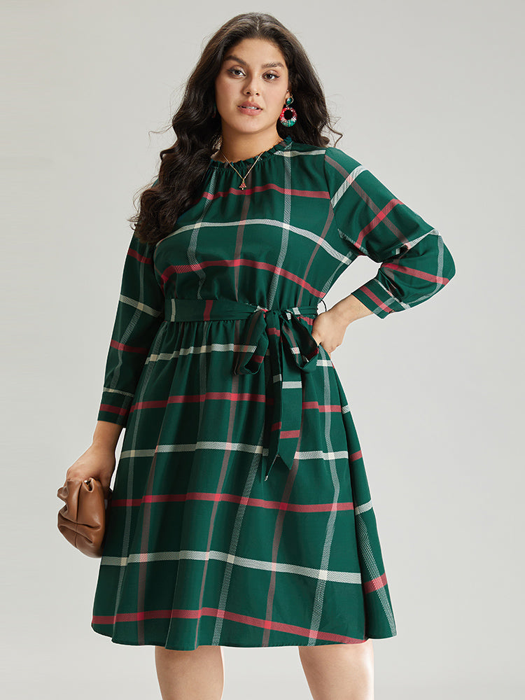 Plaid Stand Collar Gathered Belted Dress